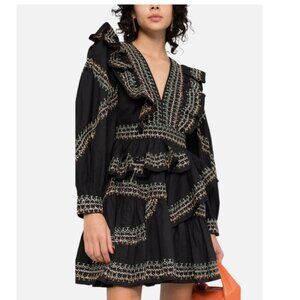 ULLA JOHNSON Anais Mini Dress Ruffle Embroidered V-Neck